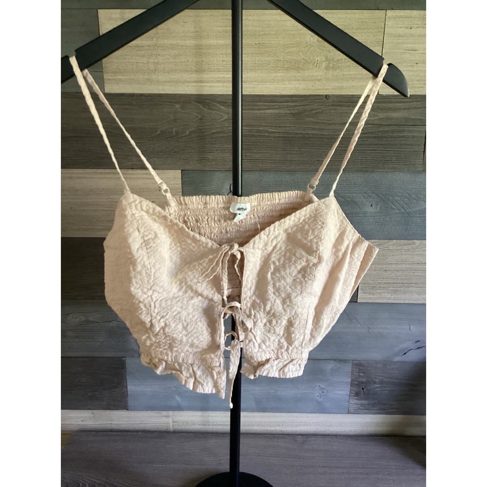 NWOT Aerie Womens Medium Beige Ribbed Tie Front Cropped Cami Tank Top Camisole